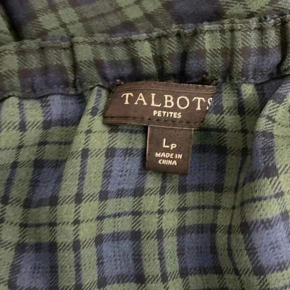 TALBOTS Tartan Popover Blouse Plaid Ruffle Green Black Fall Winter Petite Preppy - Picture 4 of 4